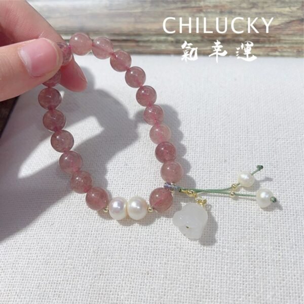 ChiLucky Stones Natural Crystal strawberry quartz Healing Bracelet is woven with white jade and strawberry quartz, and embellished with pearls. - Image 4