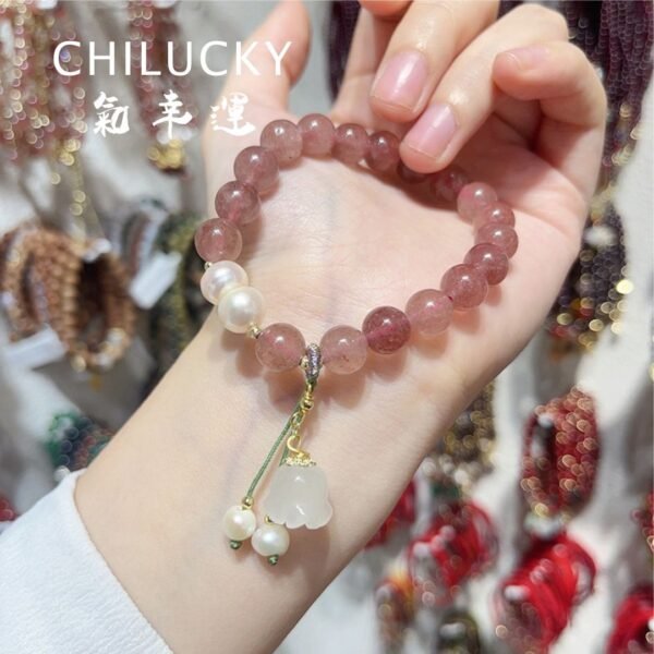 ChiLucky Stones Natural Crystal strawberry quartz Healing Bracelet is woven with white jade and strawberry quartz, and embellished with pearls. - Image 3