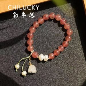 ChiLucky Stones Natural Crystal strawberry quartz Healing Bracelet is woven with white jade and strawberry quartz, and embellished with pearls.