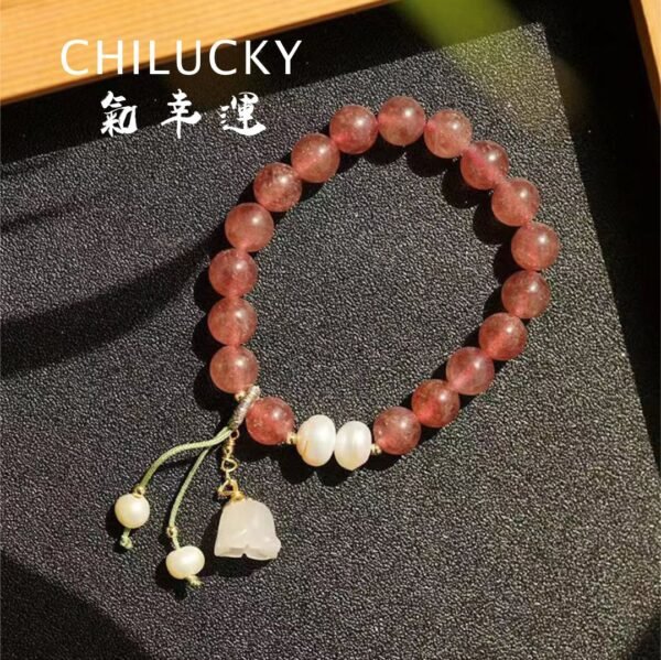 ChiLucky Stones Natural Crystal strawberry quartz Healing Bracelet is woven with white jade and strawberry quartz, and embellished with pearls.